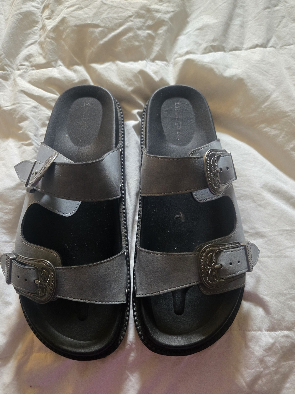 Indigo Blue Gray Double-Buckle Slide Sandals